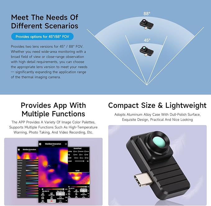 Waveshare Smartphone Infrared Thermal Imaging Camera, Type-C Port, Plug-and-Play, 160×120 Pixels, 45° Field of View, with Aluminum Alloy Case