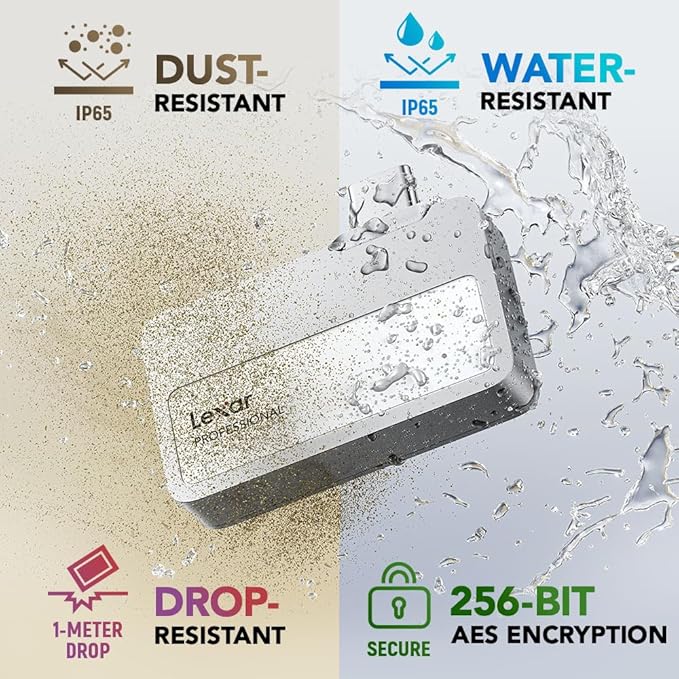 Lexar 1TB Professional Go Portable SSD, Supports Apple 4K 60fps ProRes, Up to 1050MB/s, USB 3.2 Gen 2, Rugged, IP65, Ultracompact, Compatible w/iPhone 15/16 (Not 17), External SSD (LSL400X001T-RNSNU)