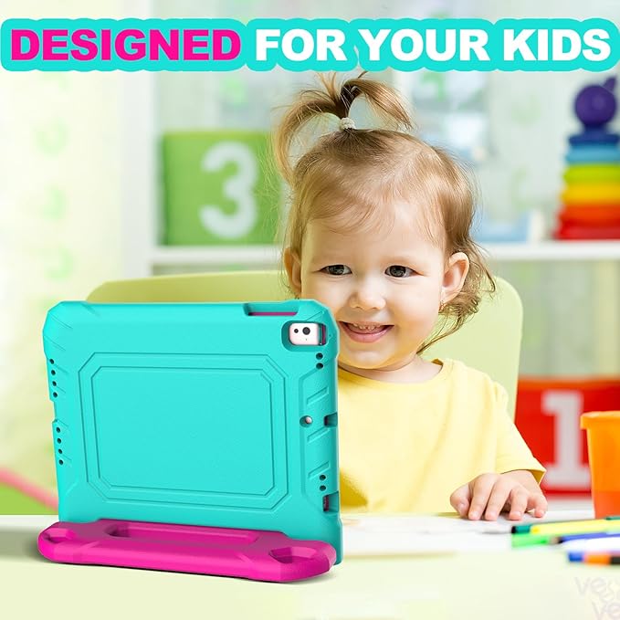 YIHE Kids Case for iPad 9.7 Inch with Screen Protector, Shockproof Handle Convertible Stand Case for iPad 9.7 6th/5th Generation 2018/2017, iPad Air 2/1& iPad Pro 9.7, Cyan&Pink