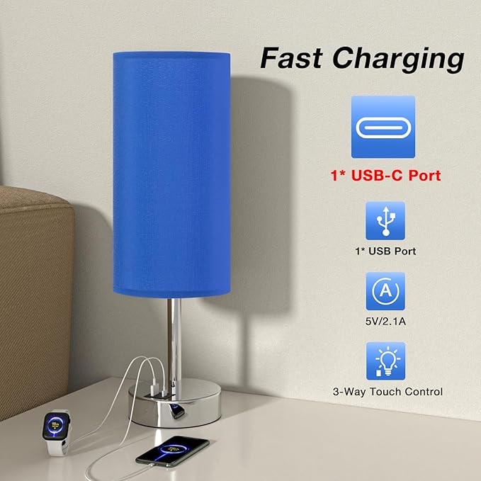 Dicoool Navy Blue Touch Lamp for Boys - Small Nightstand Lamp with USB-C and USB Charging Ports, 3 Way Dimmable Bedside Table Lamp with Fabric Shade Silver Base for Nursery, Dorm, Office, Reading