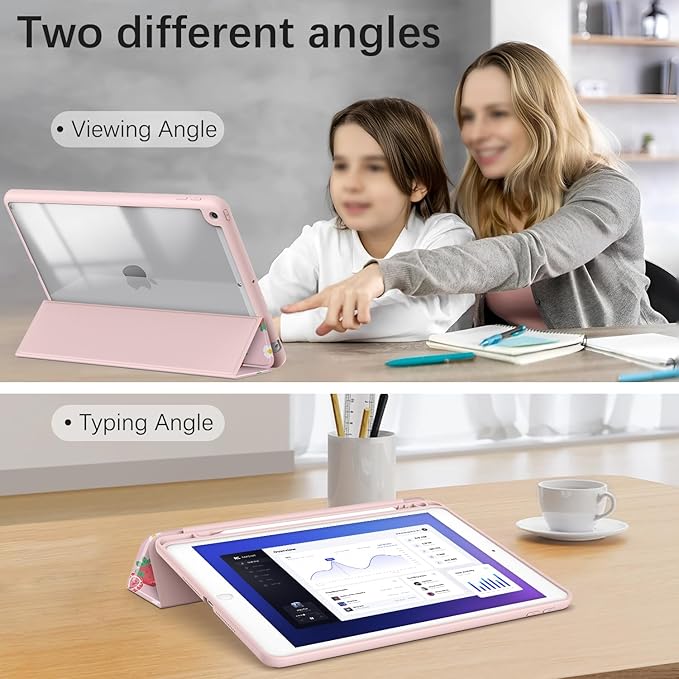 Case for iPad 9th / 8th / 7th Generation (2021/2020/2019) 10.2 inch, Case with Pencil Holder, Stand Clear Back Cover Cute Cool Design for Women Girls, Auto Sleep/Wake, Strawberry