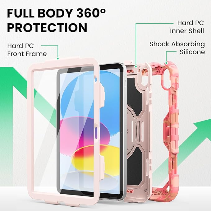 SEYMAC Case for iPad (A16) 11th/10th Generation 2025/2022 (11″/10.9″), Heavy Duty Full-Body Shockproof Protective Case with Screen Protector, Rotating Stand, Hand/Shoulder Strap, Multicolor/Pink