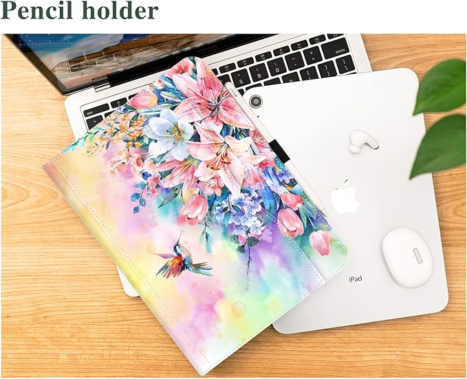 Vimorco Case for iPad (A16) 11th Generation 2025, for iPad 11th/10th Generation Case, Pencil Holder/Hand Strap/Pocket, Multiple Stand Protector Shell Cover, Auto Wake/Sleep, Hummingbird Flower