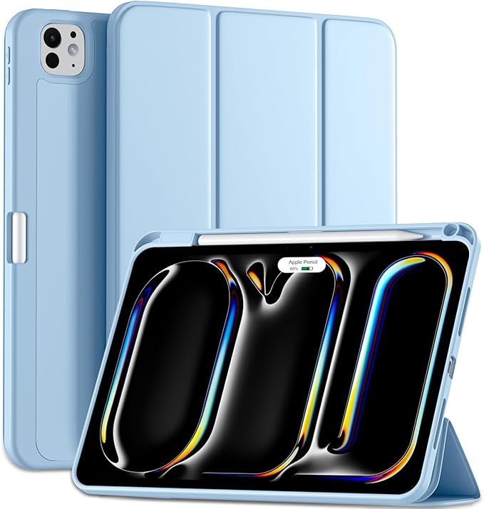 Kidopire New Compatible with iPad Pro 11 Inch Case (M4 2024/M5 2025) with Pencil Holder, Smart Cover with Protective Trifold Stand & Soft TPU Back, Auto Wake/Sleep, Support Pencil Pro, Sky Blue