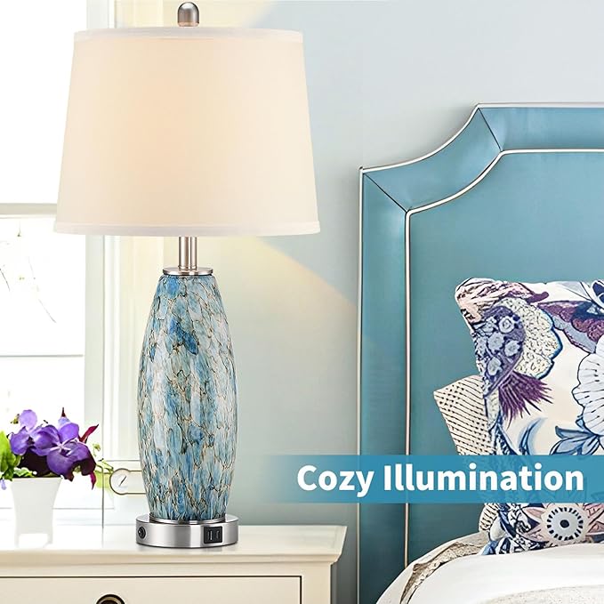 29" Tall Table Lamps Set of 2, Large Modern Lamps for Bedroom with Nightlight, Coastal Bedside Lamps with USB C+A, Glass Nightstand Table Lamps for Living Room, Bulbs Included