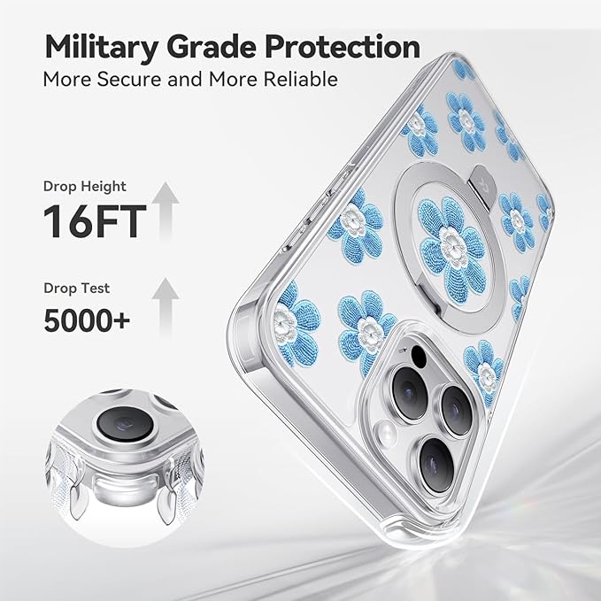 CASEKOO Floral Series Blue Flowers for iPhone 16 Pro Max Case with Magnetic Ring Stand [Compatible with MagSafe] [Military-Grade Protection] Fashion Clear Back, Soft Edge, for Women