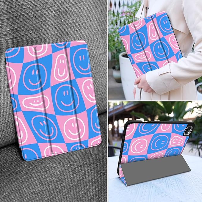 MEEgoodo Case for iPad Pro 12.9 Case M2 6th/5th/4th/3rd Generation 2022 2021 2020 2018, Protective Tablet Cover with Soft Back Shell for Kids, Smiling Faces & Checkered
