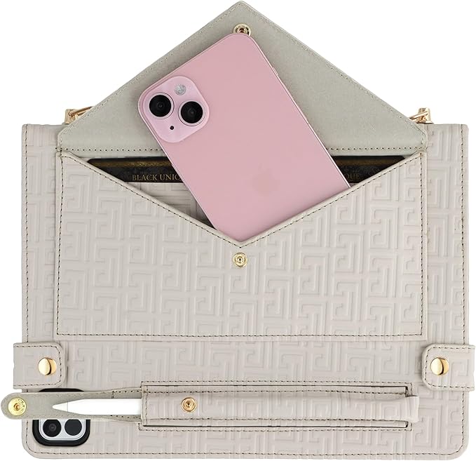 Handbag Case for iPad Pro 13-inch M5 2025/M4 2024, Techcircle Elegant Crossbody PU Leather Folio Envelope Pocket Stand Cover with Hand Strap+Shoulder Strap+Pencil Holder+Card Slots, Off-White
