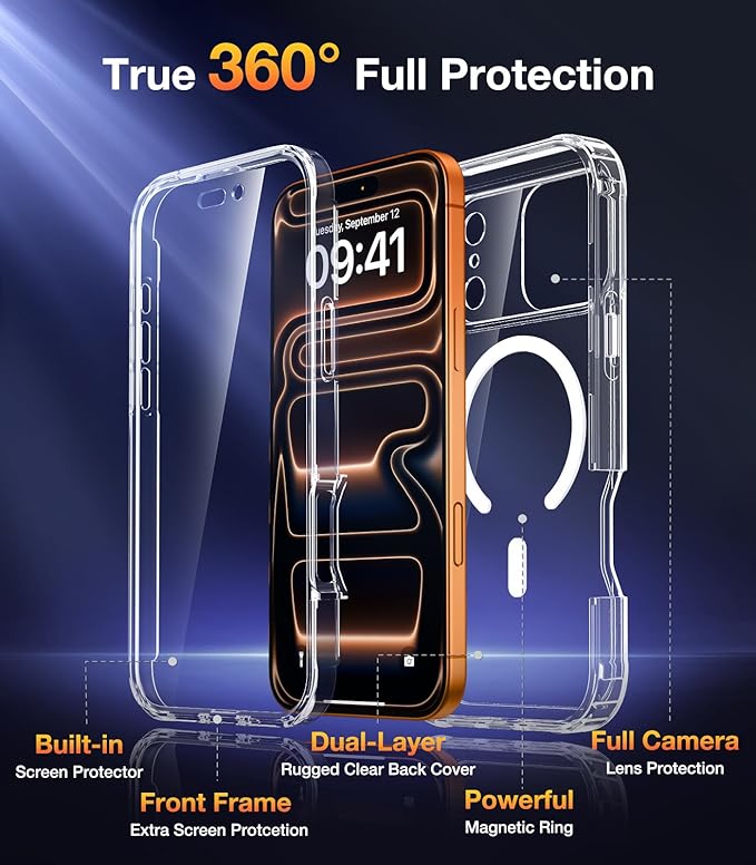 Diaclara Magnetic Designed for iPhone 17 Pro Case 6.3'' [Full Camera Protection] Full Body Bumper,[Compatible with MagSafe] Military Drop Proof Phone Case w/Built-in Screen Protector, Clear