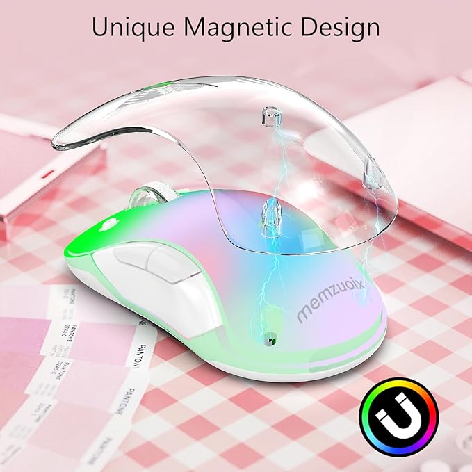 memzuoix 2.4G Wireless Mouse with Customizable Cover & 9-Color LED - Rechargeable Ergonomic, 1400 DPI, 5 Buttons, USB Receiver for PC/Mac - Pink