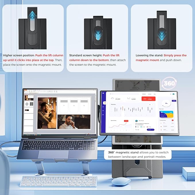Laptop Screen Extender 16.1", 1200P FHD, Portable Monitor 360° Rotating Detachable Stand, Height Adjustable Monitor Extender for Laptop 13-17.5", Plug-Play for Tablet, PC, Phone, etc