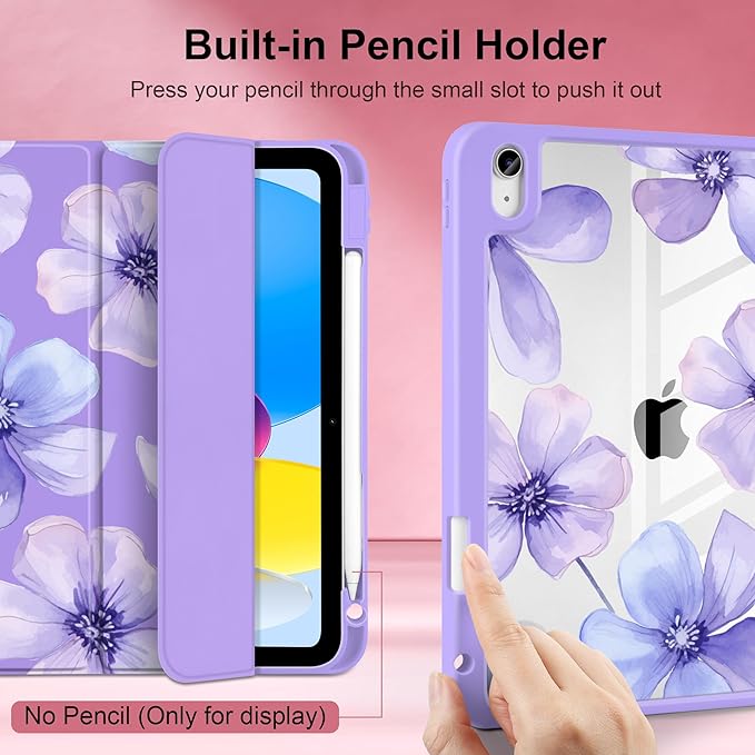 Case for iPad Air 11 inch M4 2026 M3 2025 M2 2024,iPad Air 5th (2022) / 4th (2020) 10.9 Inch Clear Back Shell Shockproof TPU Edge Trifold Stand Auto Wake Sleep Cute Cover, Blue Floral