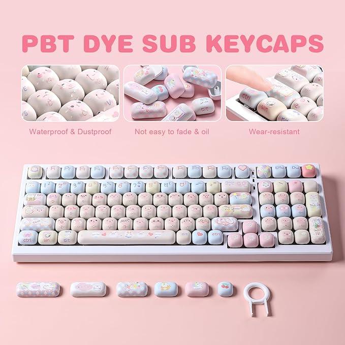 YUNZII Cute Pink Kitten Custom Keycaps, 141 Keys Dye Sub PBT MOG Profile Keycap Set for Mechanical Gaming Keyboards (Pink Kitten)