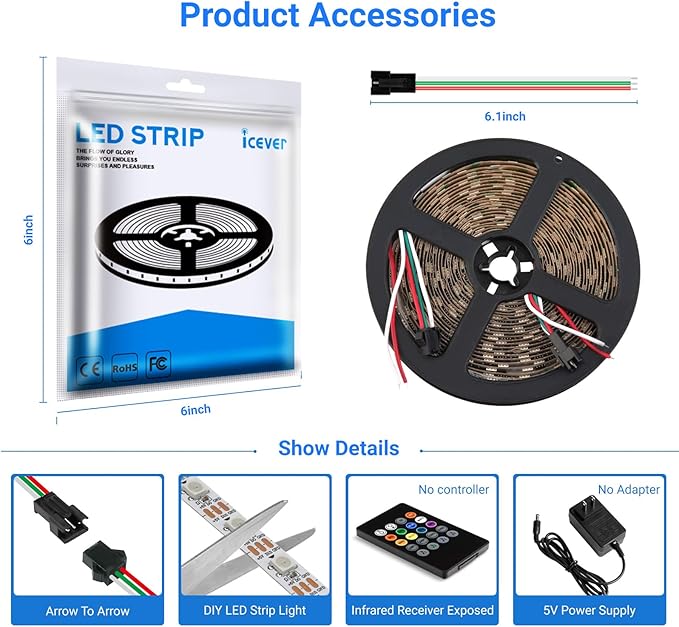 16.4FT WS2812B 5V LED Strip Lights 300 Individual Addressable RGB IC 5050SMD LEDs - Flexible White PCB IP65-60LEDs/m MagicRGB Dream Color for DIY Chasing Color Project (No Power Supply & Controller)