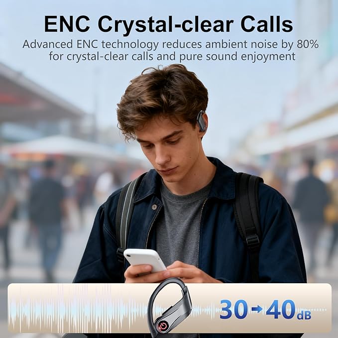 2026 Wireless Earbuds 120hrs Bluetooth 6.1 Headphones Sports Ear Hook with Mic, Noise Canceling Ear Buds with Charging Case, Easy Button Controls Dual LED Display Case Sweat and Water Resistant Black