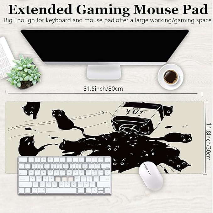 Gaming Mouse Pad XL Extended Anime Mouse Pad 31.5x11.8 inch, Large Cute Kawaii Big Computer Mouse Mat Desk Pad with Non-Slip Rubber Base and Stitched Edge for Home Office-Black Ink Cat