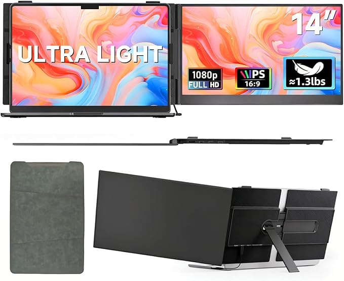 Ultra-Thin Laptop Screen Extender 14" - Dual Portable Monitor Lightweight 1080P IPS Second Extra Screen for Remote Work/Business/Travel/Home Office, Compatible with Windows/Mac/Chrome