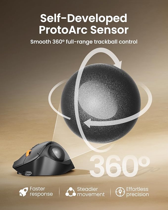 ProtoArc Wireless Bluetooth Trackball Mouse, EM02 Two Adjustable Angle Ergonomic Rechargeable Computer Ball Mouse, 3 Device Connection, Thumb Control and Smooth Tracking for Laptop, PC, Mac-Gray