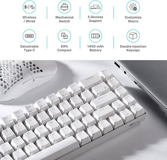 RK ROYAL KLUDGE RK68 Wireless Hot Swappable 65% Mechanical Keyboard, 68 Keys Compact BT5.0 Gaming Keyboard with Stand-Alone Arrow/Control Keys, Quiet Red Switch
