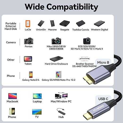 USB C to Micro B 3.0 Cable 10ft, 10Gbps External Hard Drive Type C to Micro-B Cord Data Transfer Replacement for Seagate Toshiba WD My Passport LaCie, Brother Scanner, Laptop, MacBook Pro/Air, Tablet