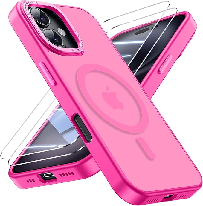for iPhone 16 Case with 2X Screen Protectors [Compatible with MagSafe] Military Grade Drop Protection Skin Feeling Back Cover Shockproof Slim Fit iPhone 16 Phone Case 6.1 inch,Pink