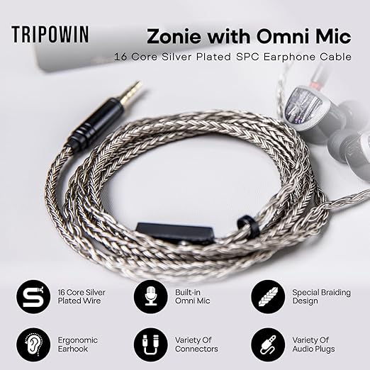 Linsoul Tripowin Zonie HiFi in-Ear Monitor Upgrade Cable, with Omni Mic, 16-Core Silver-Plated SPC Earphone Cable, Type-C/3.5mm Options, 1.25m SPC Tangle-Free Wire for Audiophiles(3.5MM,2PIN)