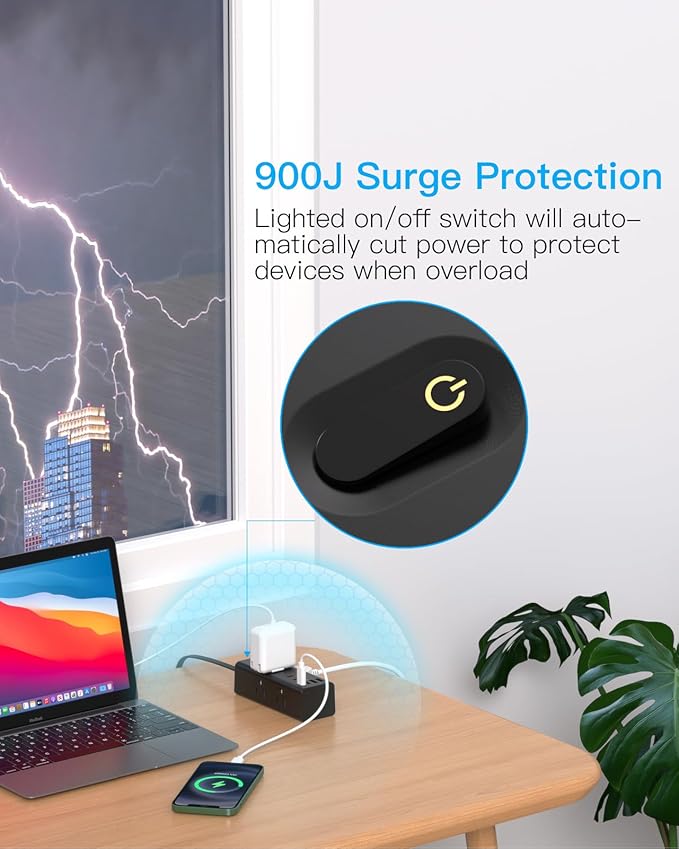 1Ft Extension Cord with Multiple Outlets, Flat Plug Power Strip Surge Protector with 1 Ft Cord, 6 Outlet 4 USB Ports (2 USB C), Multi Outlet Wall Plug for Travel, College, Dorm Room Essentials(Black)