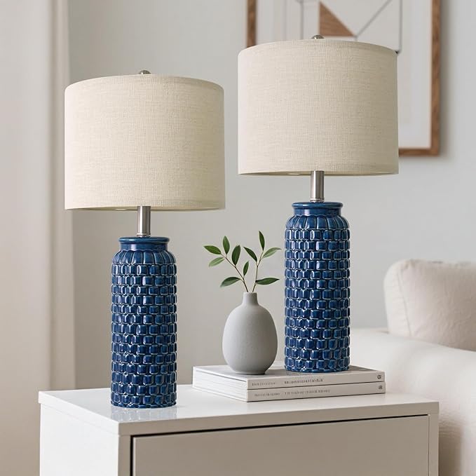 USumkky 24 inches Modern Ceramic Dark Blue Bedside Lamp Set of 2 for Bedroom Decor Farmhouse Table Lamp for Living Room Office Dorm
