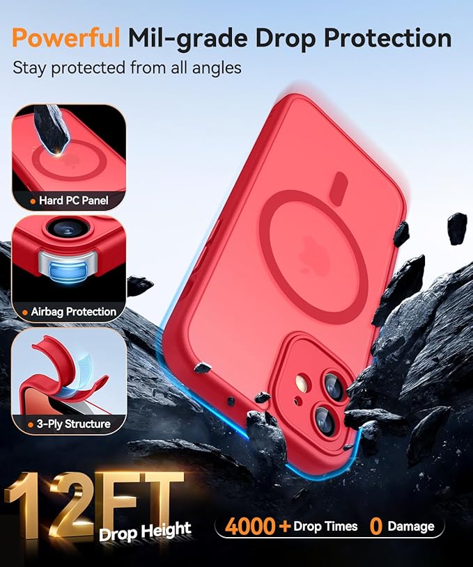 CANSHN Magnetic for iPhone 12 Mini Case, Upgraded [Full Camera Protection] [Compatible with Magsafe] [Translucent Matte] Shockproof Protective Phone Case for iPhone 12 Mini 5.4" - Red