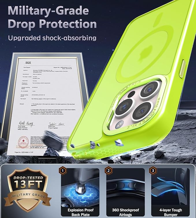 Newfuture Upgraded Magnetic for iPhone 15 Pro Max Case [Compatible with Magsafe] [Mil-Grade Protection], Pocket-Friendly, Translucent Phone Case Cover for iPhone 15 Pro Max 6.7", Fluorescent Green
