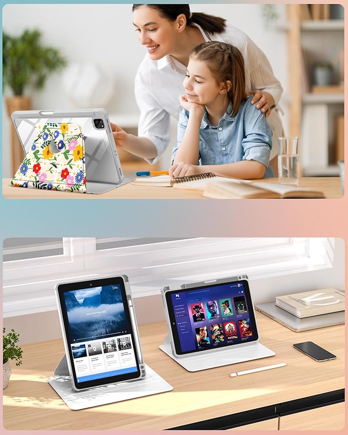 Uppuppy for iPad Air 13 inch Case(Air M4 2026/M3 2025/M2 2024), for iPad Pro 12.9 Case(6th/5th/4th/3rd/2nd/1st Gen) - 360 Rotating Smart Folio Cover with Pencil Holder for Women Girls, Cat & Flowers