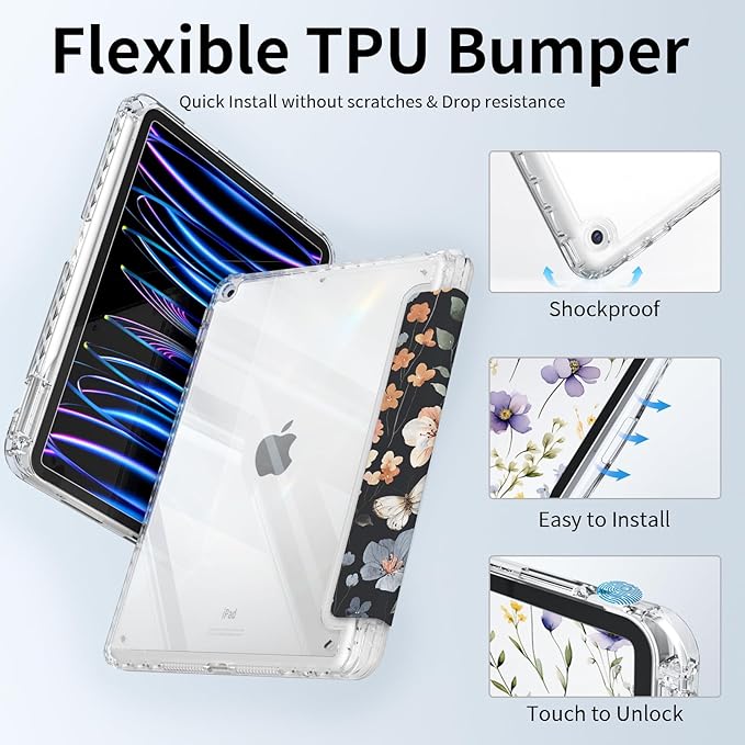 Case for iPad 9th Generation, iPad 10.2 Inch 9th/8th/7th Generation Case with Pencil Holder, Slim Shockproof Clear Back Cover, Auto Sleep, Black&Flower
