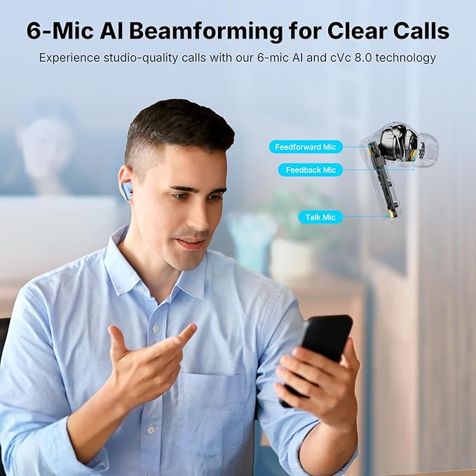 EarFun Air Pro 4+ Adaptive Noise Cancelling Wireless Earbuds, Qualcomm aptX Lossless, Dual Drivers, Translation Earbuds, Snapdragon Sound, 6 Mics AI Clear Call, Hi-Res Sound, Bluetooth 6.0, 54H, Blue