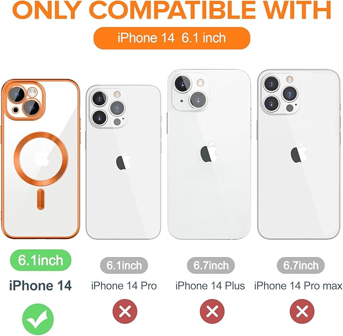 Hython Magnetic Clear for iPhone 14 Case with Camera Lens Protector [Compatible with MagSafe] Luxury Plating Edge Slim Soft TPU Cover Protective Phone Case for iPhone 14 6.1", Matte Orange