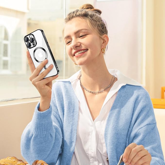 Hython Magnetic Clear for iPhone 16 Pro Case with Camera Lens Protector [Compatible with MagSafe] Luxury Plating Edge Slim Soft TPU Cover Protective Phone Case for iPhone 16 Pro 6.3", Black