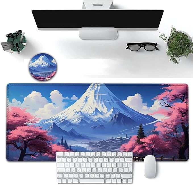 Large Mouse Pad, 31.5 x 11.8in Extended Gaming Mouse Pad with Stitched Edges, XXL Mousepad Protector Non Slip Rubber Base for Office and Home Writing Mat, Mt Fuji and Cherry Blossom Pattern Desk Mat