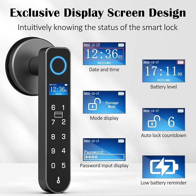 Fingerprint Keyless Entry Bedroom Door Lock with Code RFID Card NFC APP Keypad, Smart Biometric Automatic Interior Door Handle with Lock for Indoor Hotel Pantry Apartment Office Home, Black