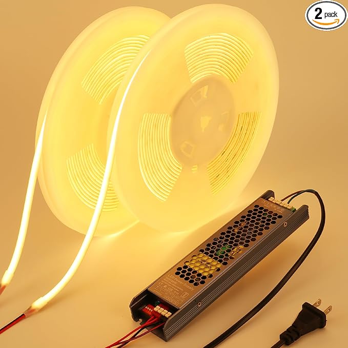 BENLUN 24V Diffused COB LED Strip Light 65.6ft (2 Rolls of 32.8ft), 3000K Warm White Outdoor Milky Silicone Waterproof, 11W/M CRI 93 LED Tape Lights with Power Supply for Bedroom Courtyard