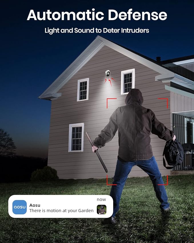 aosu Security Cameras Wireless Outdoor Home System, True 2K HD Night Vision, No Subscription Required, Long Battery Life, 166° Wide View, Spotlight & Siren Alarm, Motion Alert, Support 2.4 & 5GHz WiFi