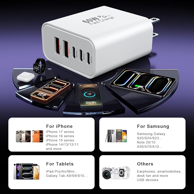 USB C Charger Block, 60W 5 Ports Type C Fast Charging Blocks 3 USB-C+2 USB-A Multi Port USBC Wall Plug Power Brick Phone Charge Cube Box for iPhone 16/15/14/13/12/11 Pro Max, Pad, Galaxy, Pixel, 2Pack