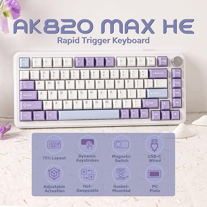 MechLands AJAZZ AK820 MAX HE Hall Effect Magnetic Gaming Keyboard, Adjustable Actuation, 8KHz Polling Rate, Wired Rapid Fast Keyboard, Creamy Gasket, RGB Backlight, NKRO for Win/Mac (White)