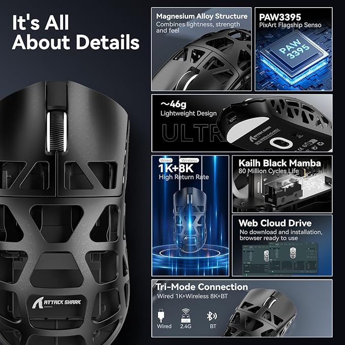 ATTACK SHARK R3 46g Superlight Magnesium Alloy Wireless Gaming Mouse, BT/2.4Ghz/Wired Computer Mouse, 8000Hz Wireless Polling Rate, PAW3395 26K DPI Optical Sensor Programmable Mice for Win/Mac(Black)