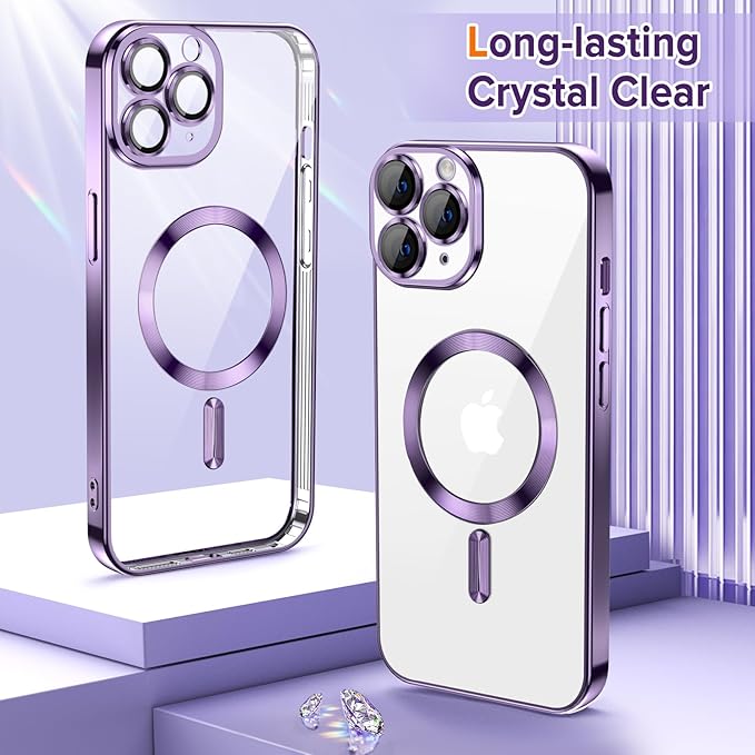 Hython Magnetic Clear for iPhone 11 Pro Max Case with Camera Lens Protector [Compatible with MagSafe] Plating Edge Slim Soft TPU Cover Protective Phone Case for iPhone 11 Pro Max 6.5", Deep Purple