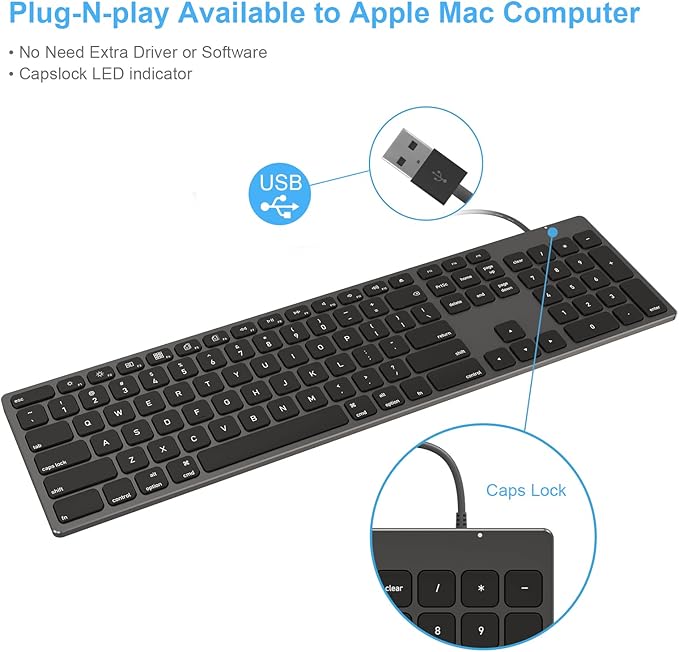 9H Aluminum USB Wired Keyboard with Numeric Keypad for Mac Pro, Mini Mac, iMac, iMac Pro, MacBook Pro/Air, Laptop and PC Computer