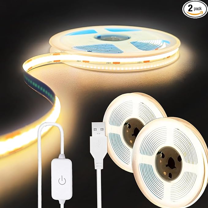 ZSLAIFU A 5V USB LED Light Strip, COB LED Strip Lights, Warm 5V LED Lights, Small LED Strip Light, TV Lights for TV Under Cabinet Kitchen Living Room Shelving or Displays (Warm 3.28FT x2)
