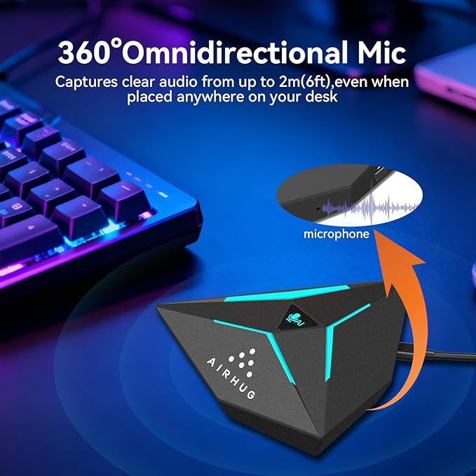 AIRHUG USB Computer Microphone, Gaming Microphone for Windows, Mac, PS4/5, Noise Reduction, Mute Button & RGB Indicator, Plug & Play Condenser Microphone for Video Conference, Streaming, Online Class