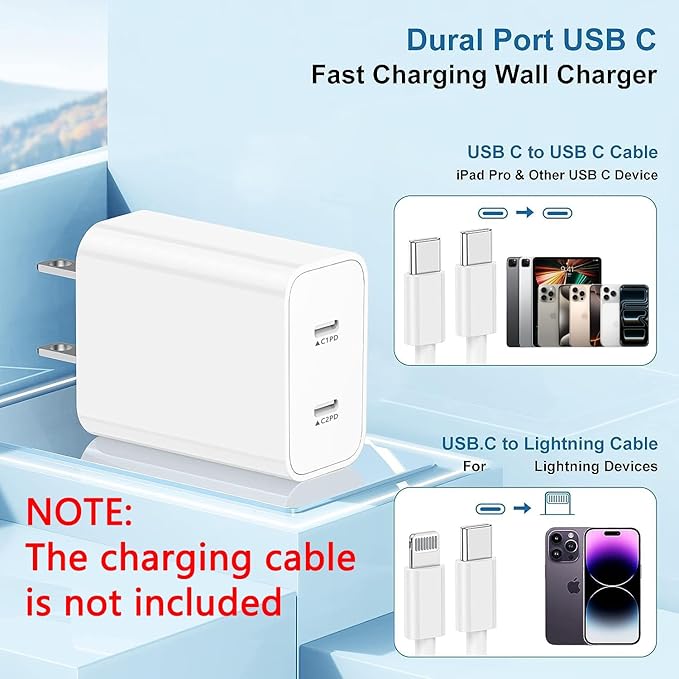 USB C Fast Charger Block,USB C Charging Block 2-Pack Type C 2in1 Dual Ports Plug Wall Charger, Fast Type C Charger for iPhone 17 Pro Max/17 Pro/17 Air/16 Pro Max/15/14/13/12/11/Xs Max/XR/X,iPad