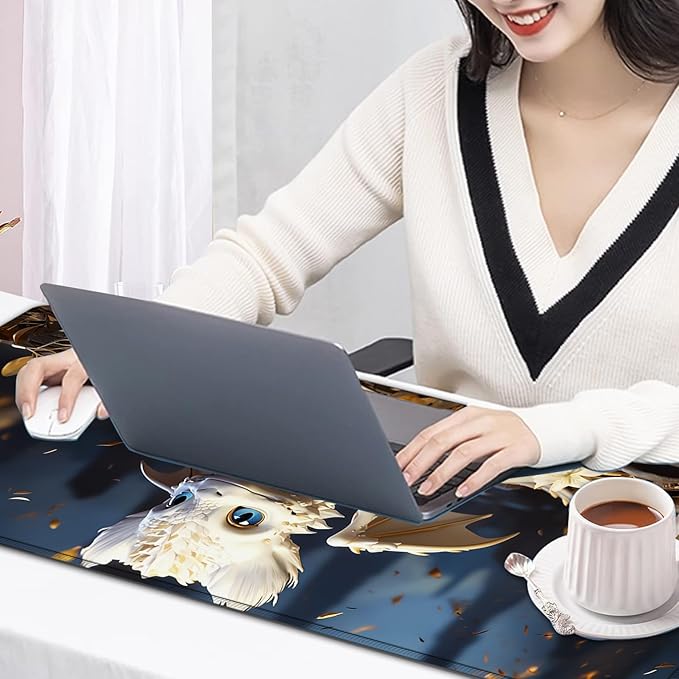Large Mouse Pad, 31.5 x 11.8in Extended Gaming Mouse Pad with Stitched Edges, XXL Mousepad Protector Non Slip Rubber Base for Office and Home Writing Mat, Cute Little White Dragon Pattern Desk Mat