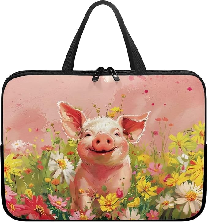 Pink Pig Floral 15 Inch Laptop Sleeve, Cute Computer Bag Tablet Carrying Case Laptop Cover Tote Bags Notebook Sleeves Handbag Messenger Briefcase for Travel/Work/School