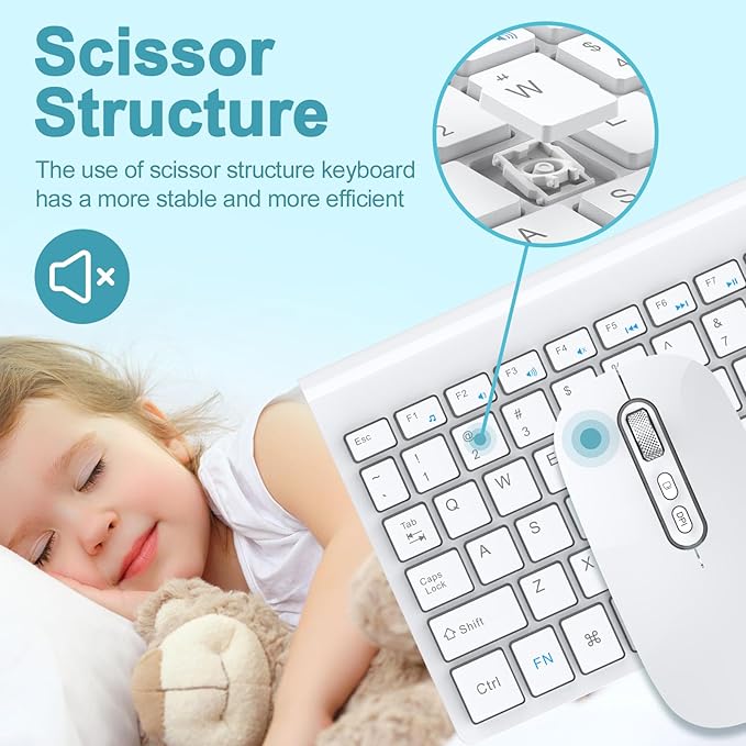 cimetech Wireless Keyboard and Mouse, [Rechargeable Mouse][Silent Scissor Switch Key][Labor-Saving Buttons]Ultra Slim Wireless Computer Keyboard and Mouse, Easy Setup for PC/Laptop/Mac/Windows - White